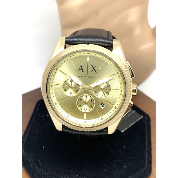 Armani Exchange Men's Watch AX2861 Quartz Chronograph Gold Dial Black Leather - Picture 1 of 13